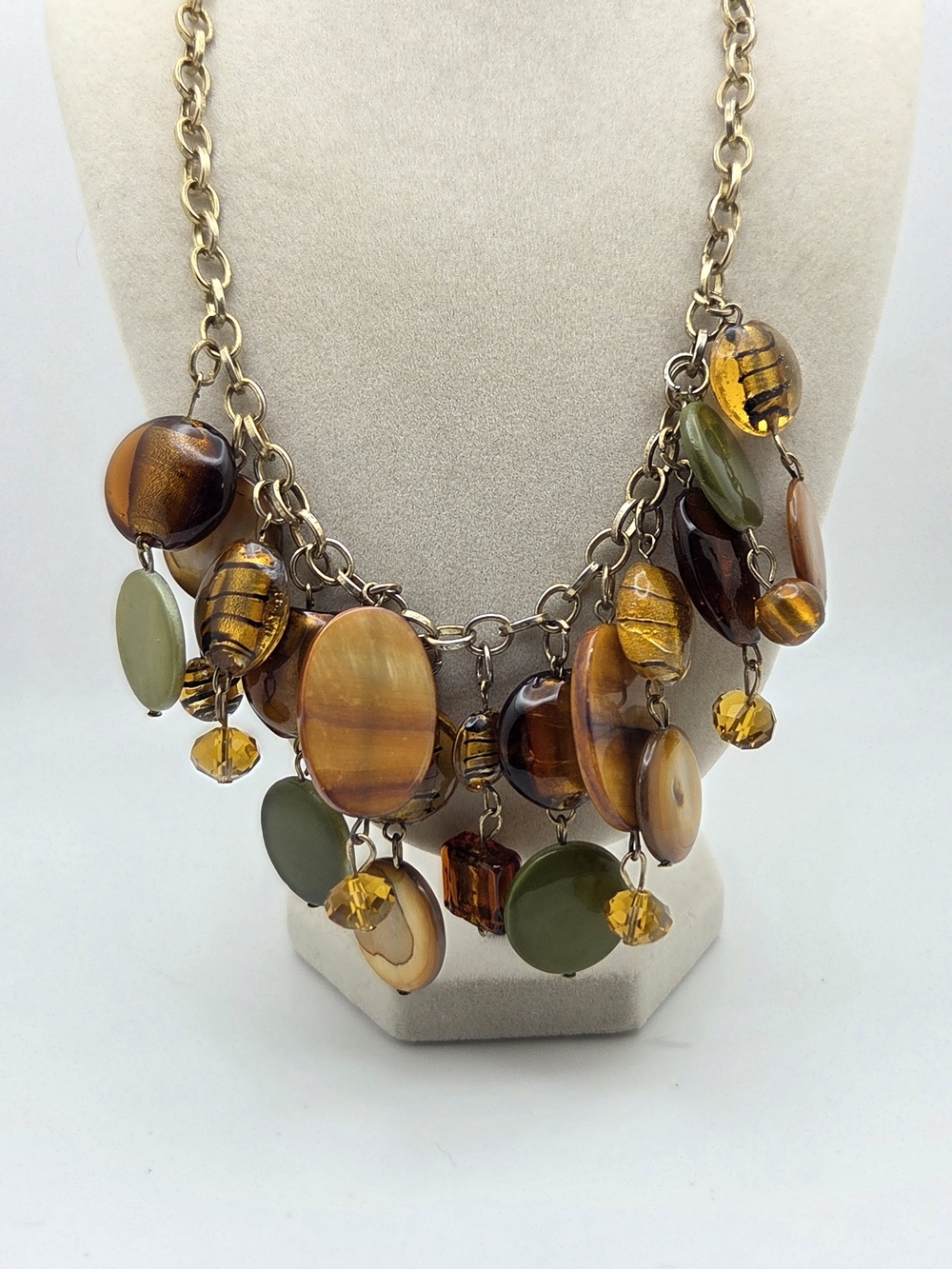 Boho Mixed Media Statement Necklace - Earth Tones & Gold Leaf Glass